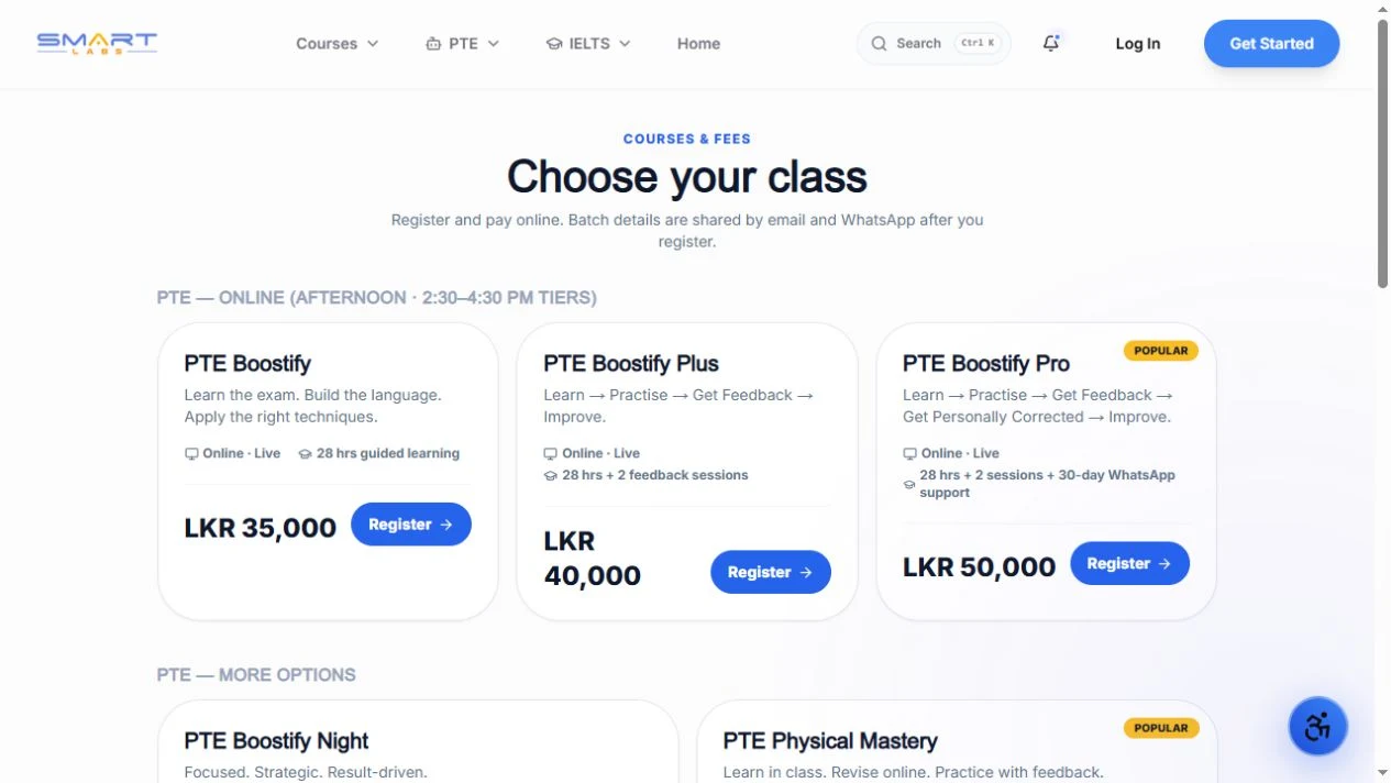 Courses and Fees page with course options and Register buttons.
