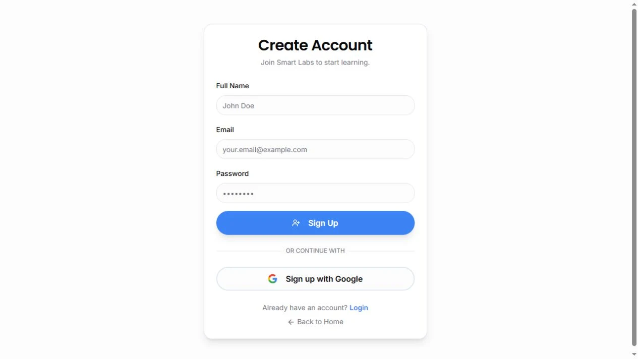 Create Account page with full name, email, password, Sign Up and Google options.