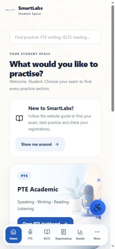 Mobile Student Home with the floating menu showing Home, PTE, IELTS, Registrations, Results and More.
