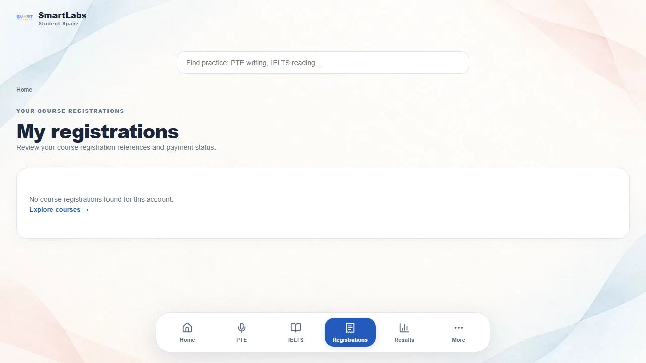 My registrations page showing where payment records appear and the empty state for an account without registrations.
