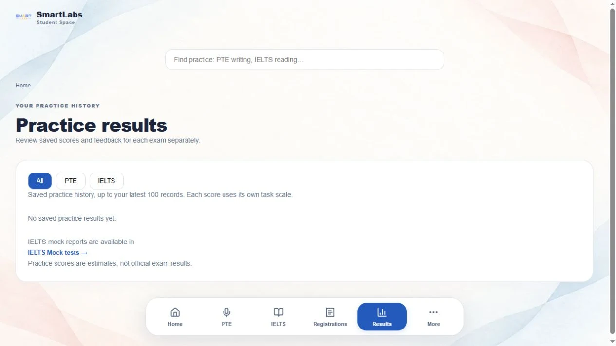 Practice results page showing All, PTE and IELTS filters, the empty history message and the separate IELTS mock reports link.